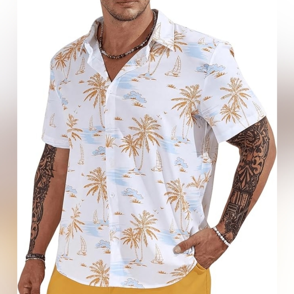 SHEIN Men's Casual Button Down Shirt Short Sleeve Beach Island L Brown Blue
